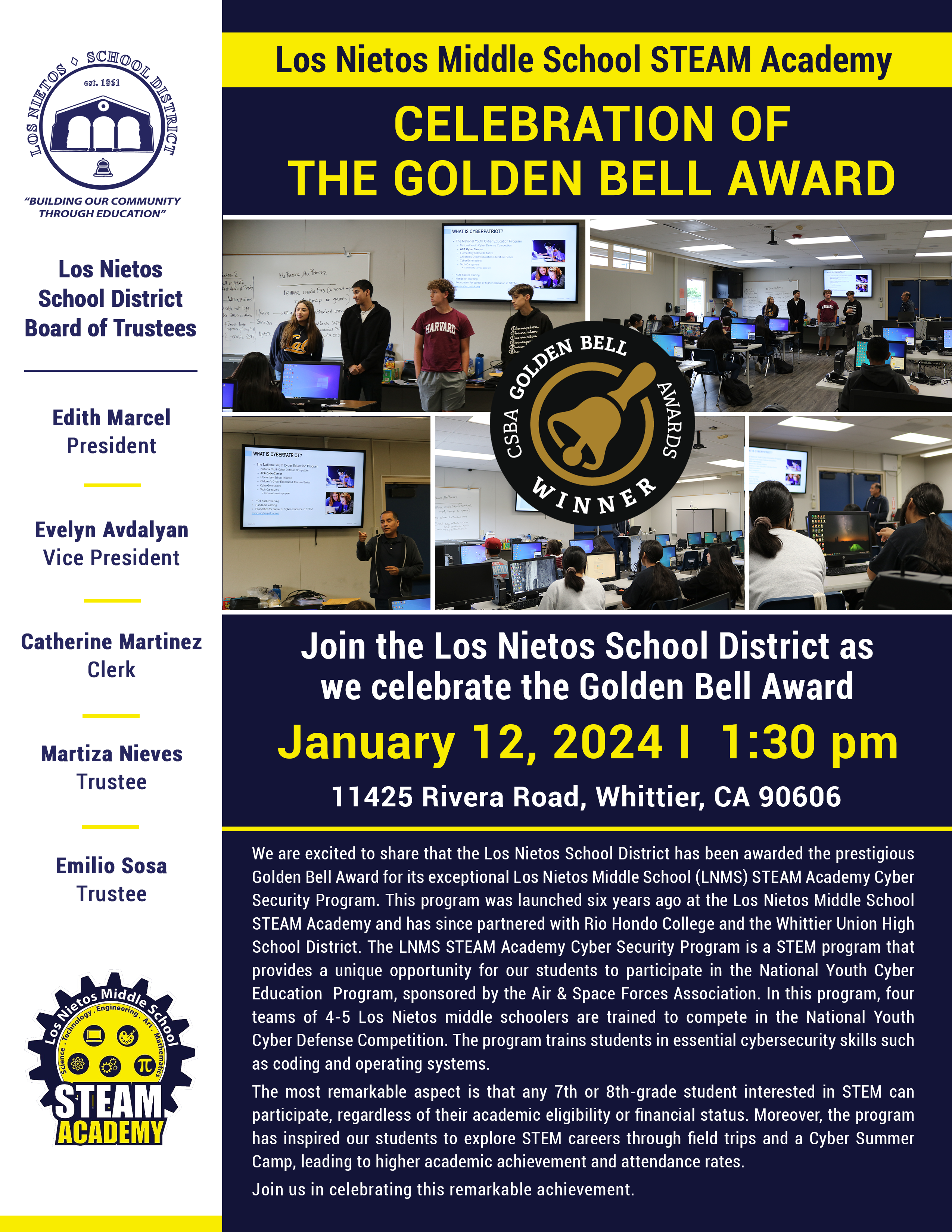 Flyer for the Los Nietos Middle School STEAM Academy's celebration of winning the Golden Bell Award. Features a collage of images showing students and teachers in a computer lab, the school logo, and details of the event on January 12, 2024, at the school's address in Whittier, CA. The flyer is dominated by blue and yellow colors and includes the school district's Board of Trustees with names and positions.